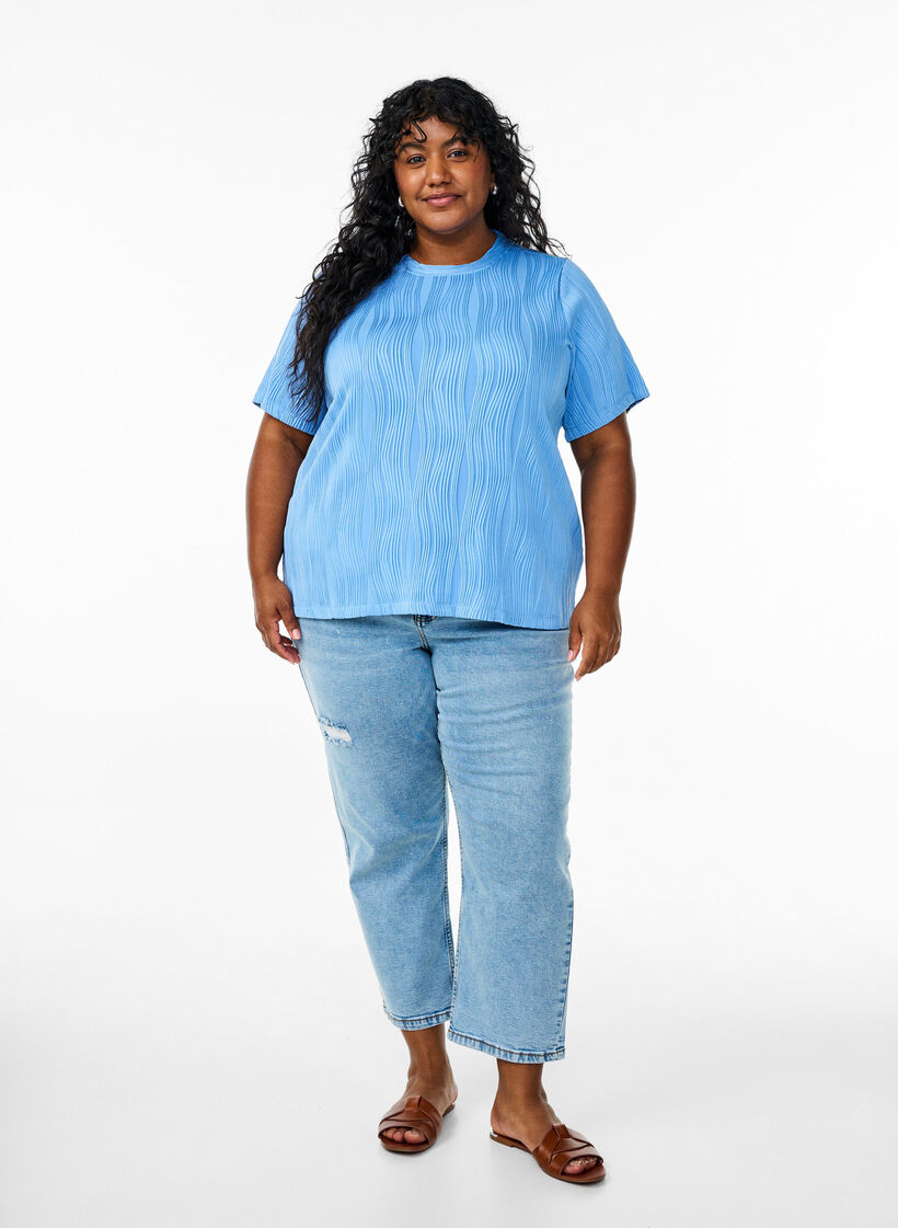 Bluse med korte ærmer og bølget struktur, Blå, Model image number 1
