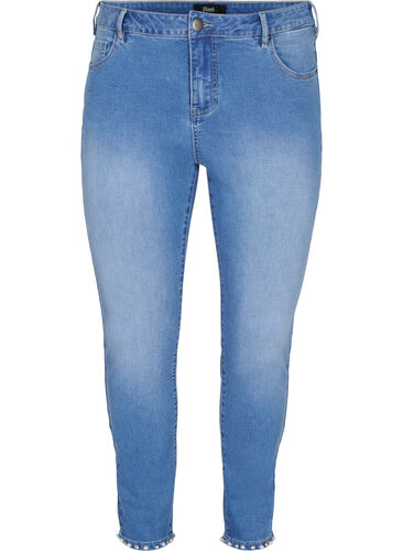 Cropped jeans med perler - Blå - Str. 42-60 - Zizzi