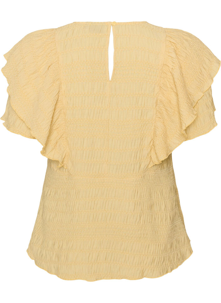 Bluse med smock-struktur og fl&aelig;se&aelig;rmer, Gul, Packshot image number 1