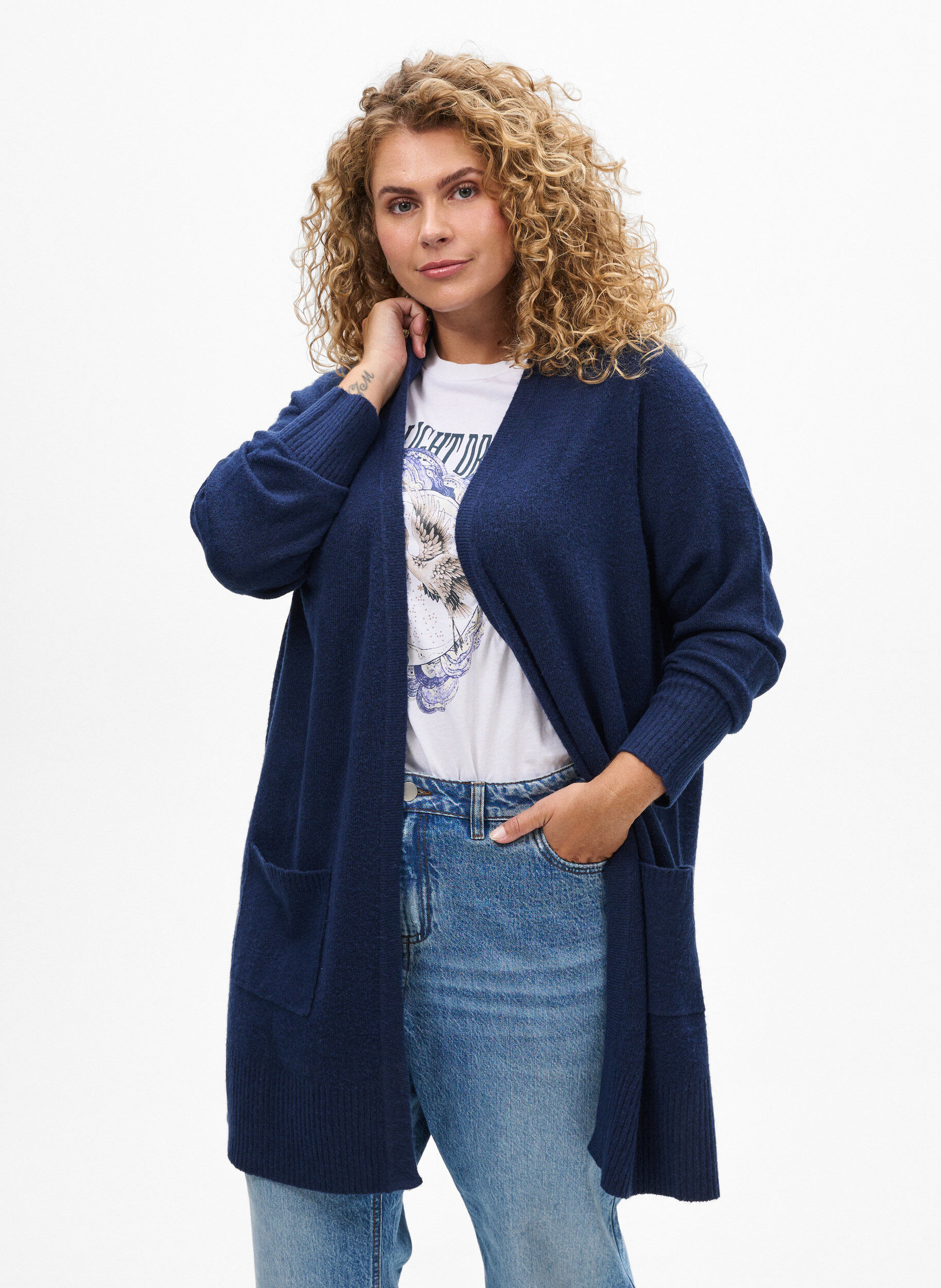 Zizzi Meleret strik cardigan med lommer, Bl&aring;, Model image number 0