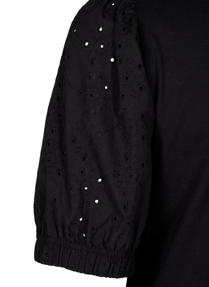 Økologisk bomuldsbluse med broderi anglaise ærmer, Black, Packshot image number 3
