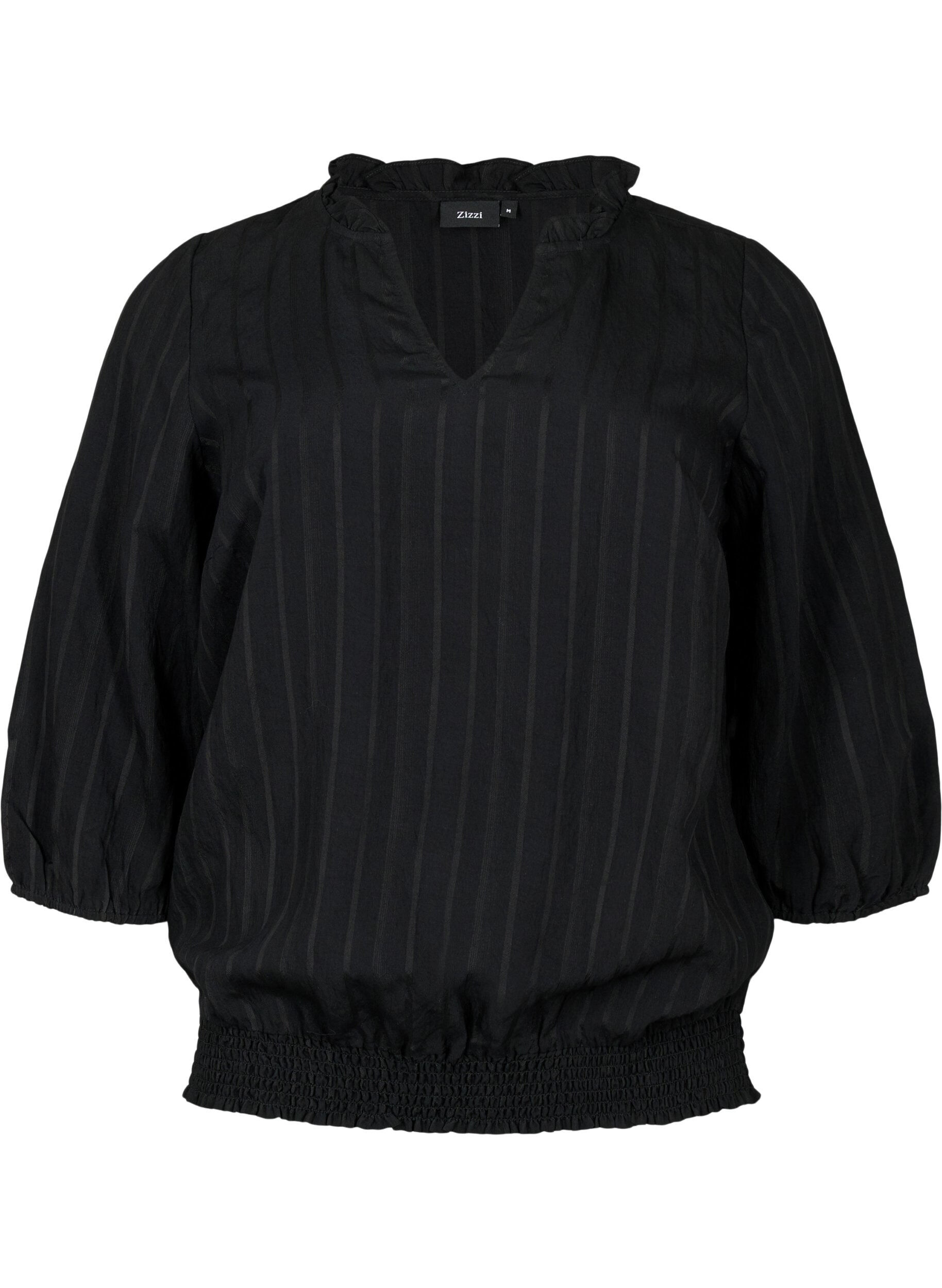 Zizzi Viskosebluse med 3/4 &aelig;rmer og smock, Black, Packshot image number 0