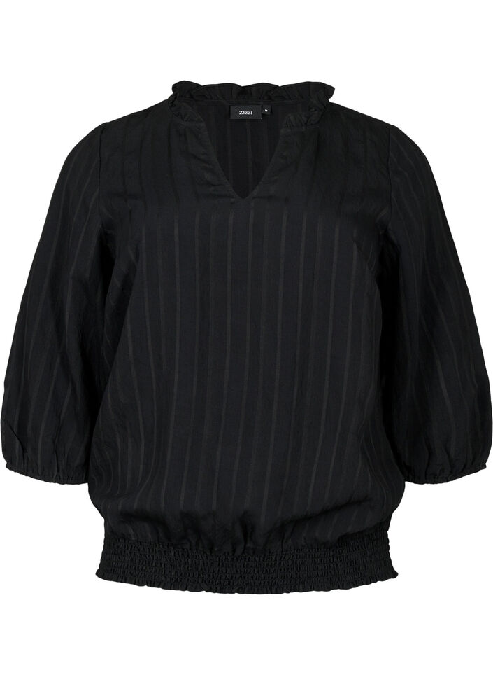 Viskosebluse med 3/4 ærmer og smock, Black, Packshot image number 0