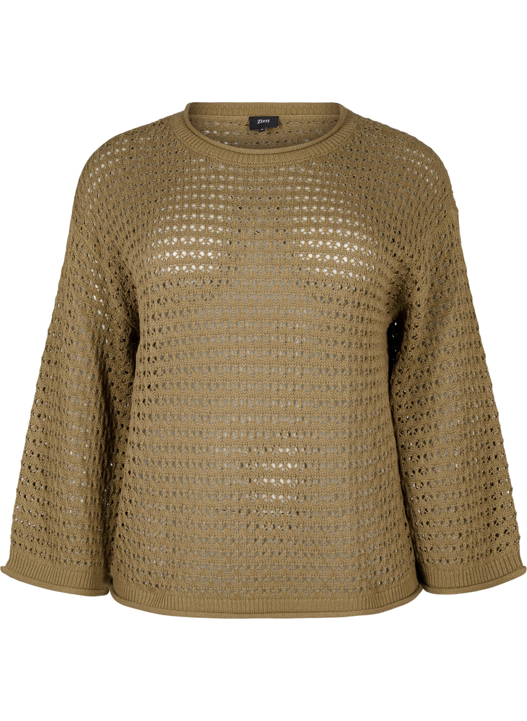 Zizzi Strikket bluse med hulm&oslash;nster, Dusky Green, Packshot image number 0