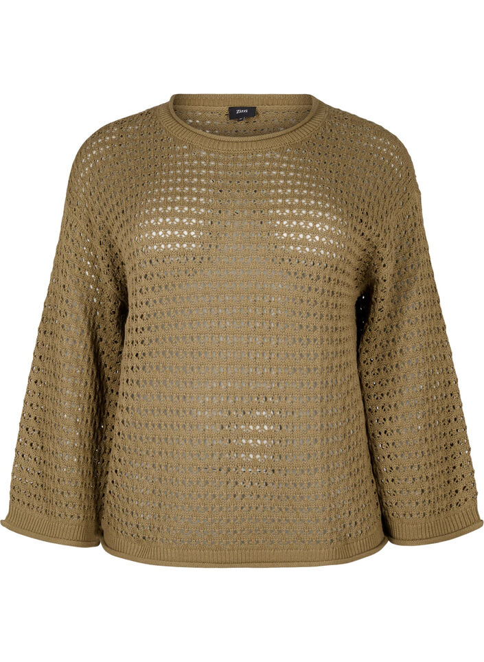 Strikket bluse med hulmønster, Dusky Green, Packshot image number 0