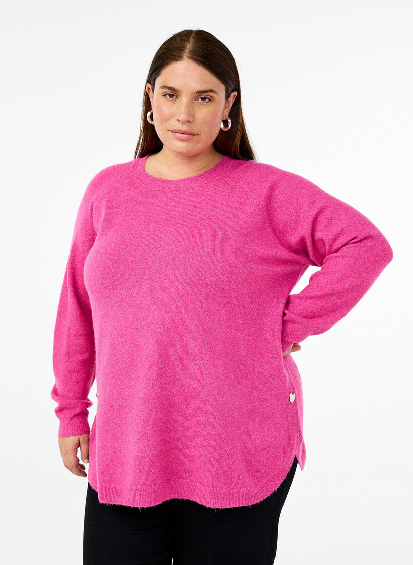 Lang strikbluse med knapdetalje i siden, Raspberry Rose Mel., Model image number 0