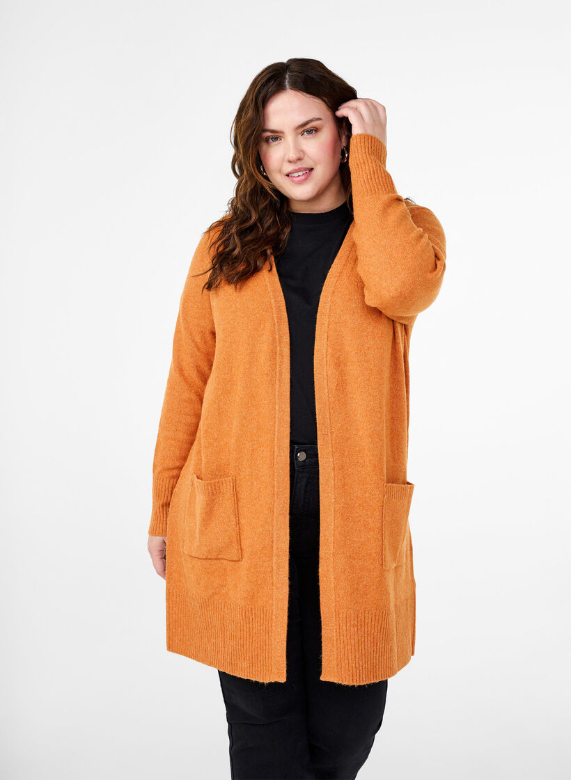 Meleret strik cardigan med lommer, Orange, Model image number 0