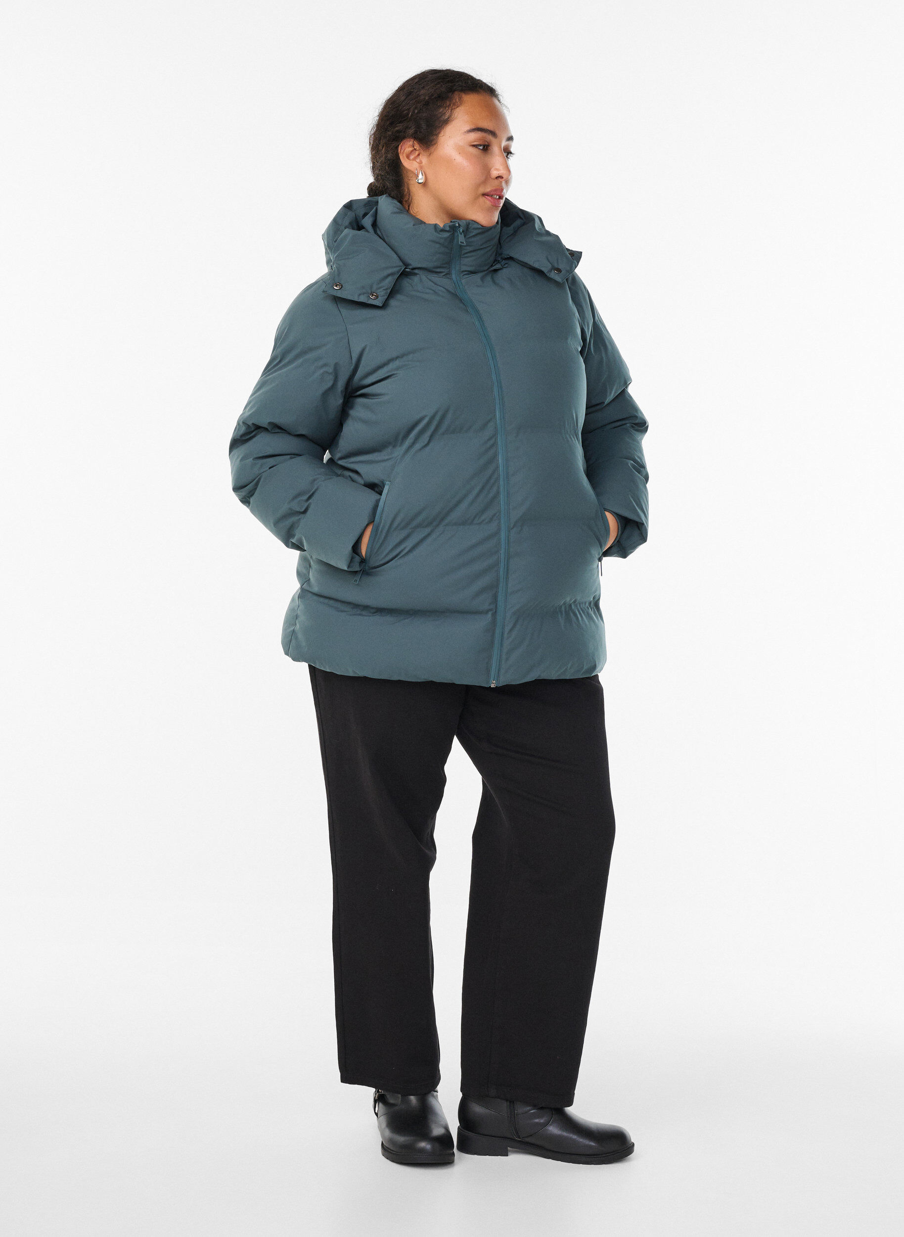 ZizziKort pufferjakke med aftagelig h&aelig;tte, Gr&oslash;n, Model image number 1