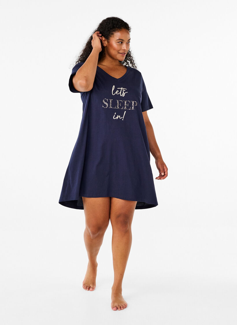 Natkjole i &oslash;kologisk bomuld med v-hals , Bl&aring;, Model image number 1