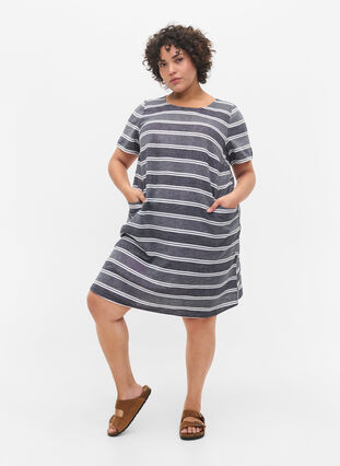Stribet kjole med korte ærmer, Blue Stripe, Model image number 2