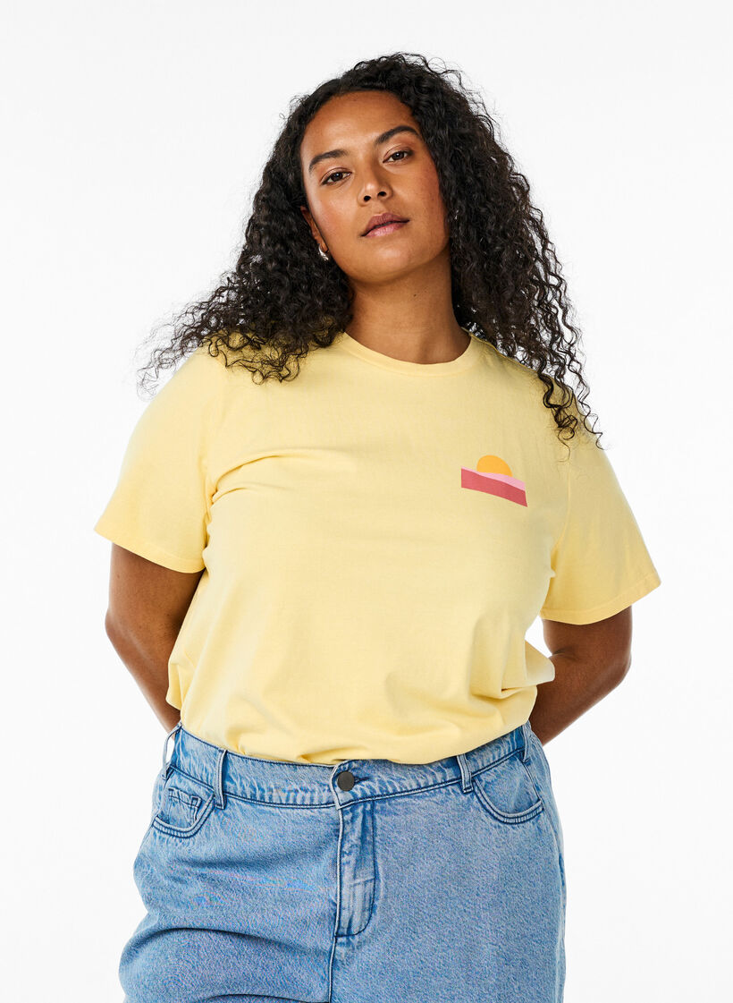T-shirt i &oslash;kologisk bomuld med rygprint, Gul, Model image number 0
