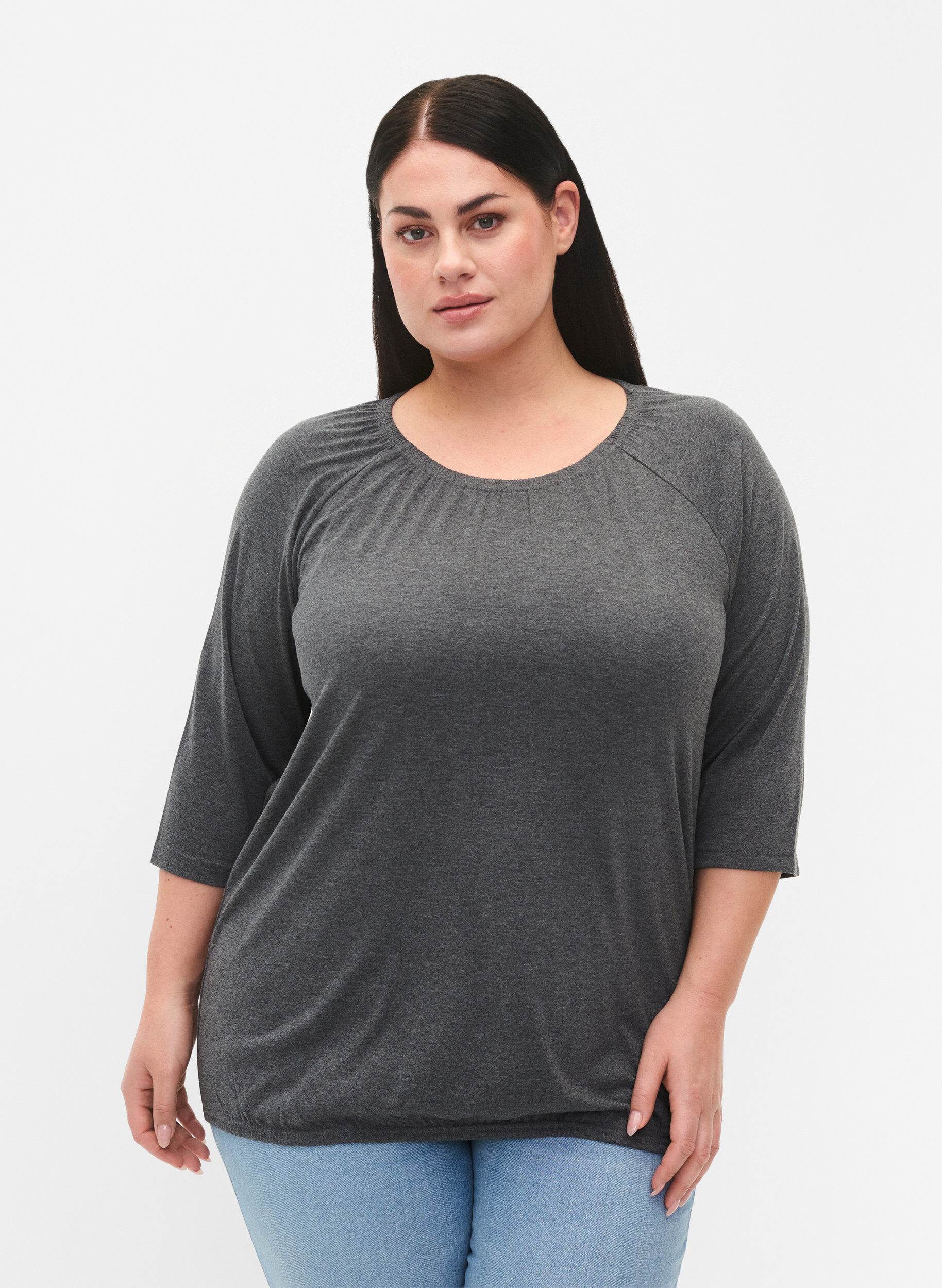 Zizzi Meleret bluse med 3/4 &aelig;rmer, Dark Grey Melange, Model image number 0