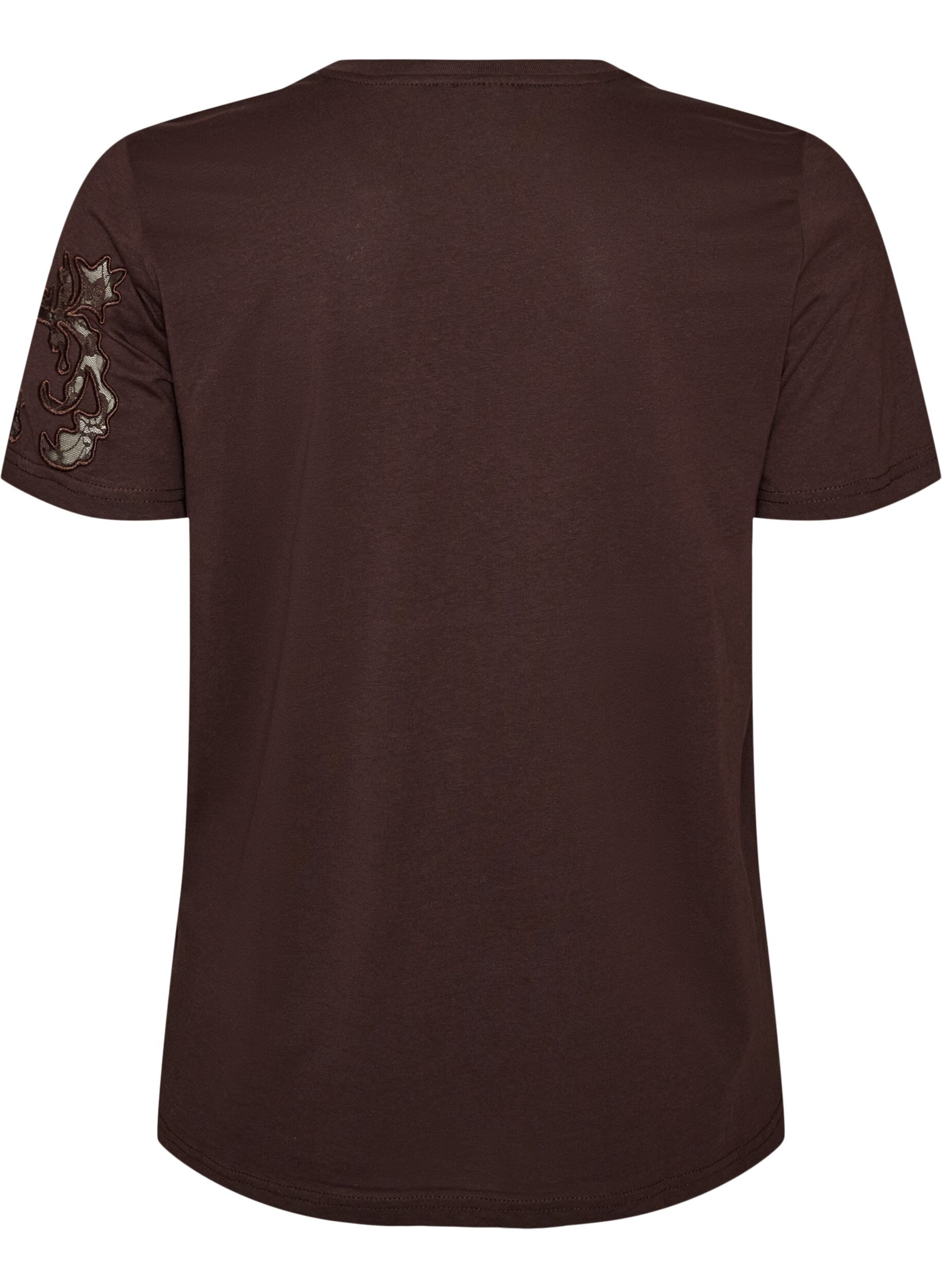 ZizziT-shirt i bomuld med blondeapplikationer, Brun, Packshot image number 1