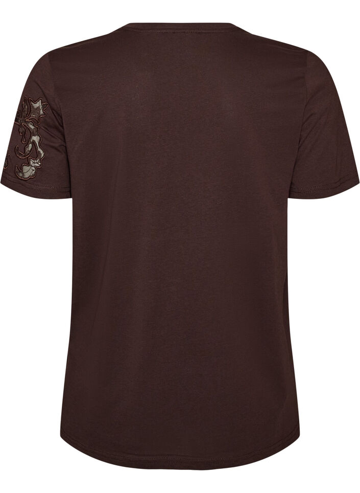 T-shirt i bomuld med blondeapplikationer, Brun, Packshot image number 1