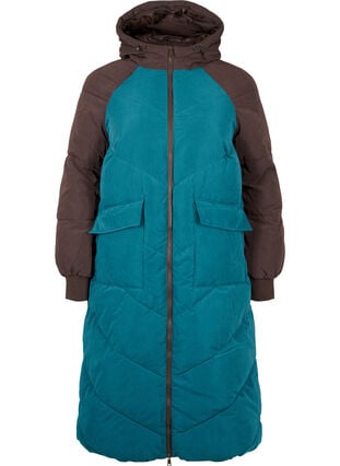 Lang colorblock vinterjakke med hætte, Deep Teal Comb, Packshot image number 0