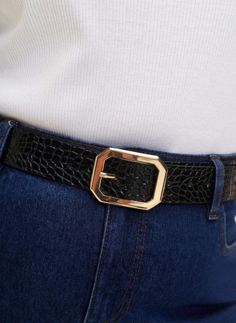 Imiteret læderbælte med croco mønster, Black w. Gold Buckle, Model image number 1