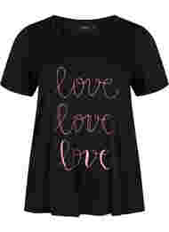 Bomulds t-shirt med v-hals og tryk, Black W. Love