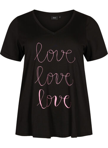 Bomulds t-shirt med v-hals og tryk, Black W. Love, Packshot image number 0
