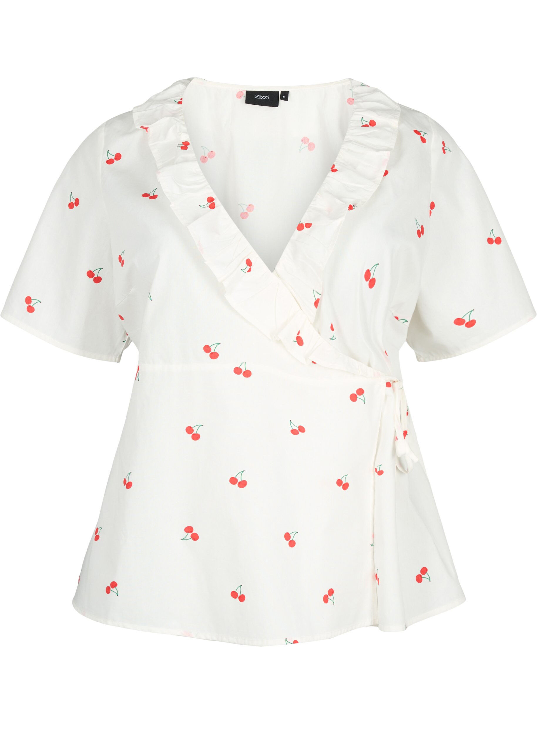 Zizzi Wrapbluse i bomuld med kirseb&aelig;rprint, B. White/Cherry, Packshot image number 0