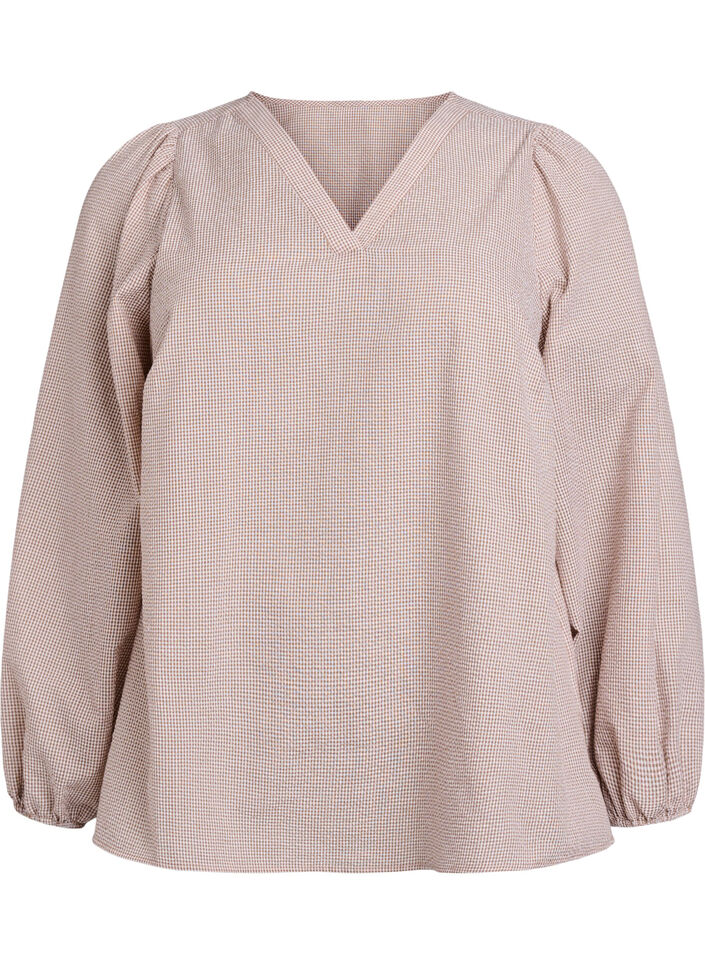 Bluse med v-udskæring og små tern, Beige, Packshot image number 0