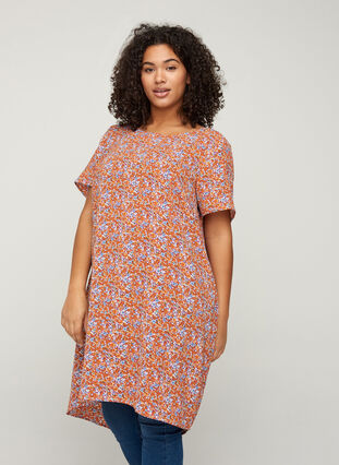 Printet kjole med korte ærmer, Orange Flower AOP, Model image number 0