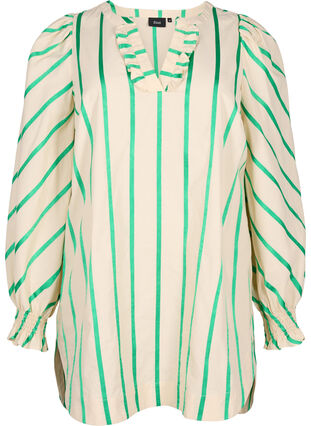 Stribet tunika i bomuld med smock og flæser, Beige Green Stripe, Packshot image number 0