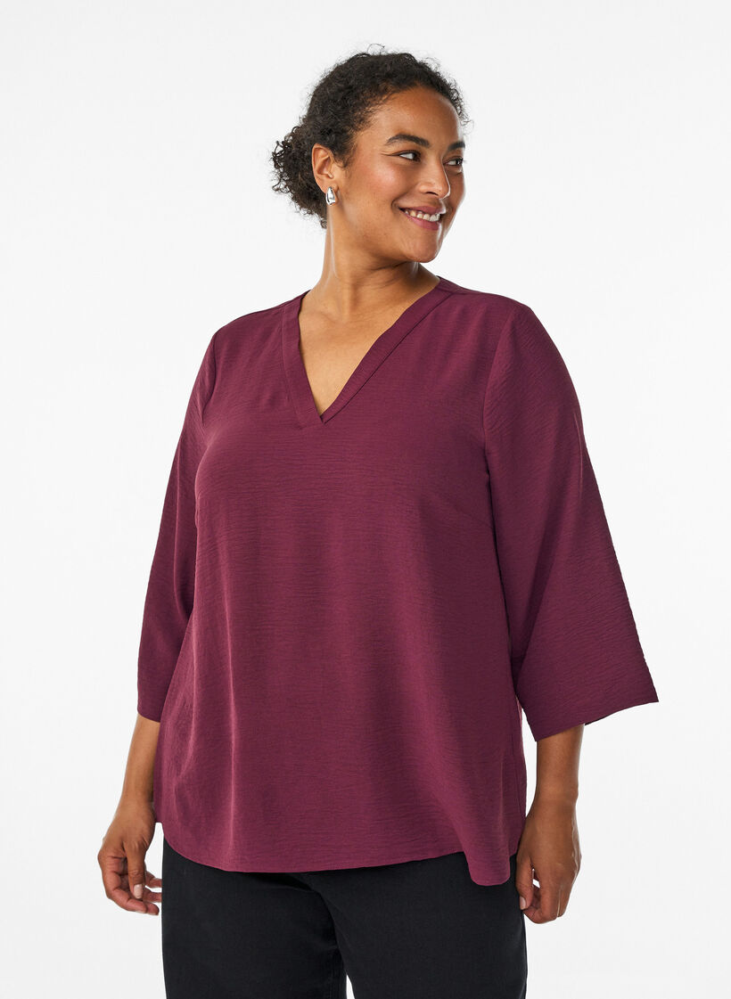 Bluse med 3/4 &aelig;rmer, M&oslash;rk Bordeaux, Model image number 0