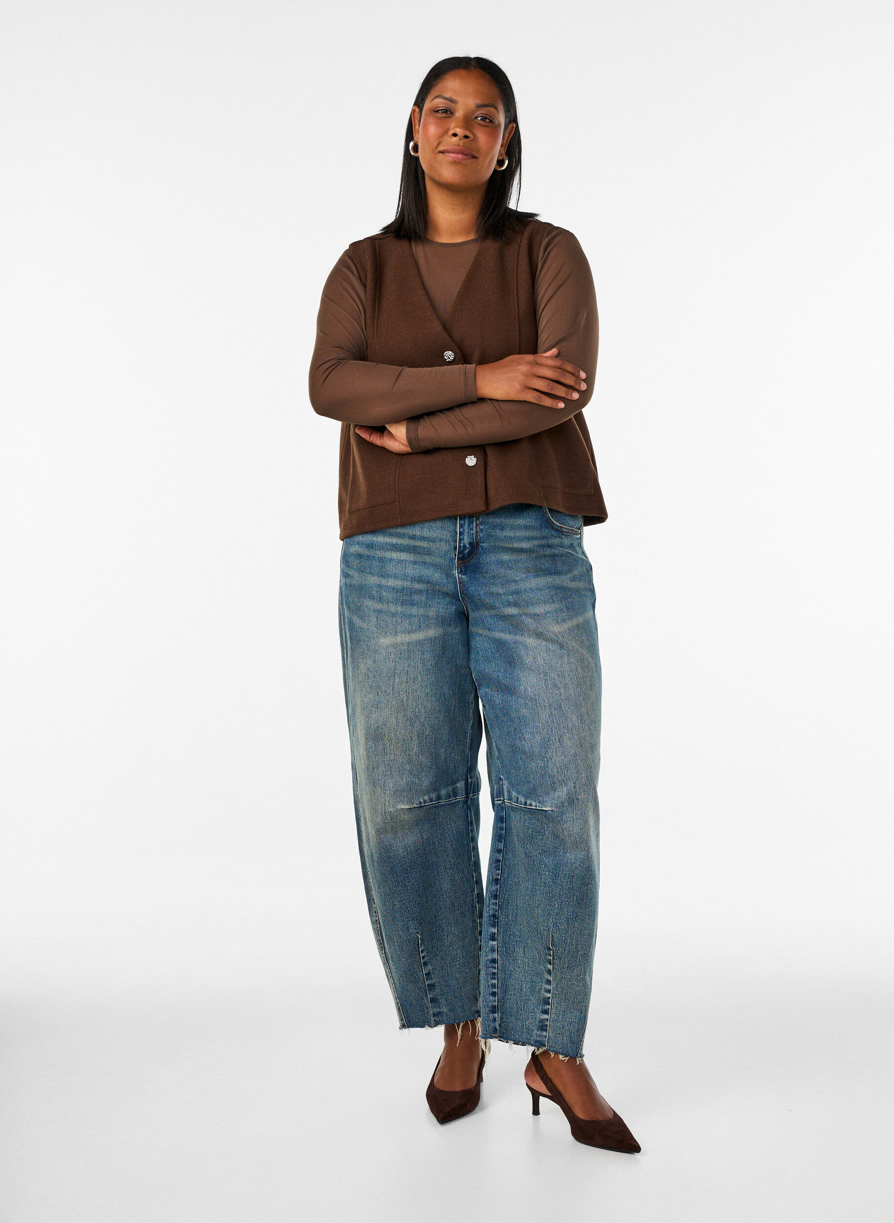 ZizziMeshbluse med lange &aelig;rmer, Brun, Model image number 1