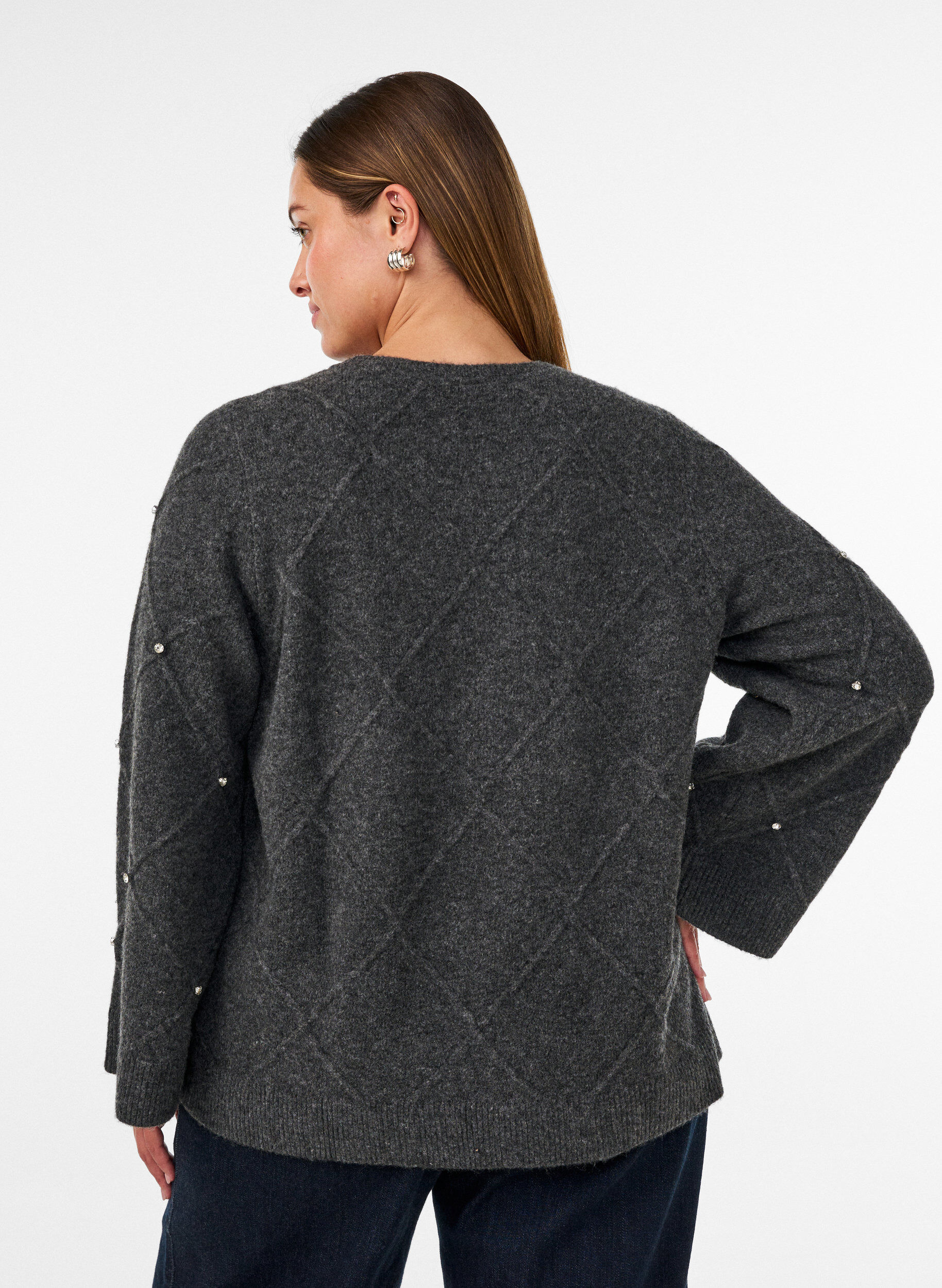 ZizziStrikbluse med rhinsten og rudem&oslash;nster, Gr&aring;, Model image number 2