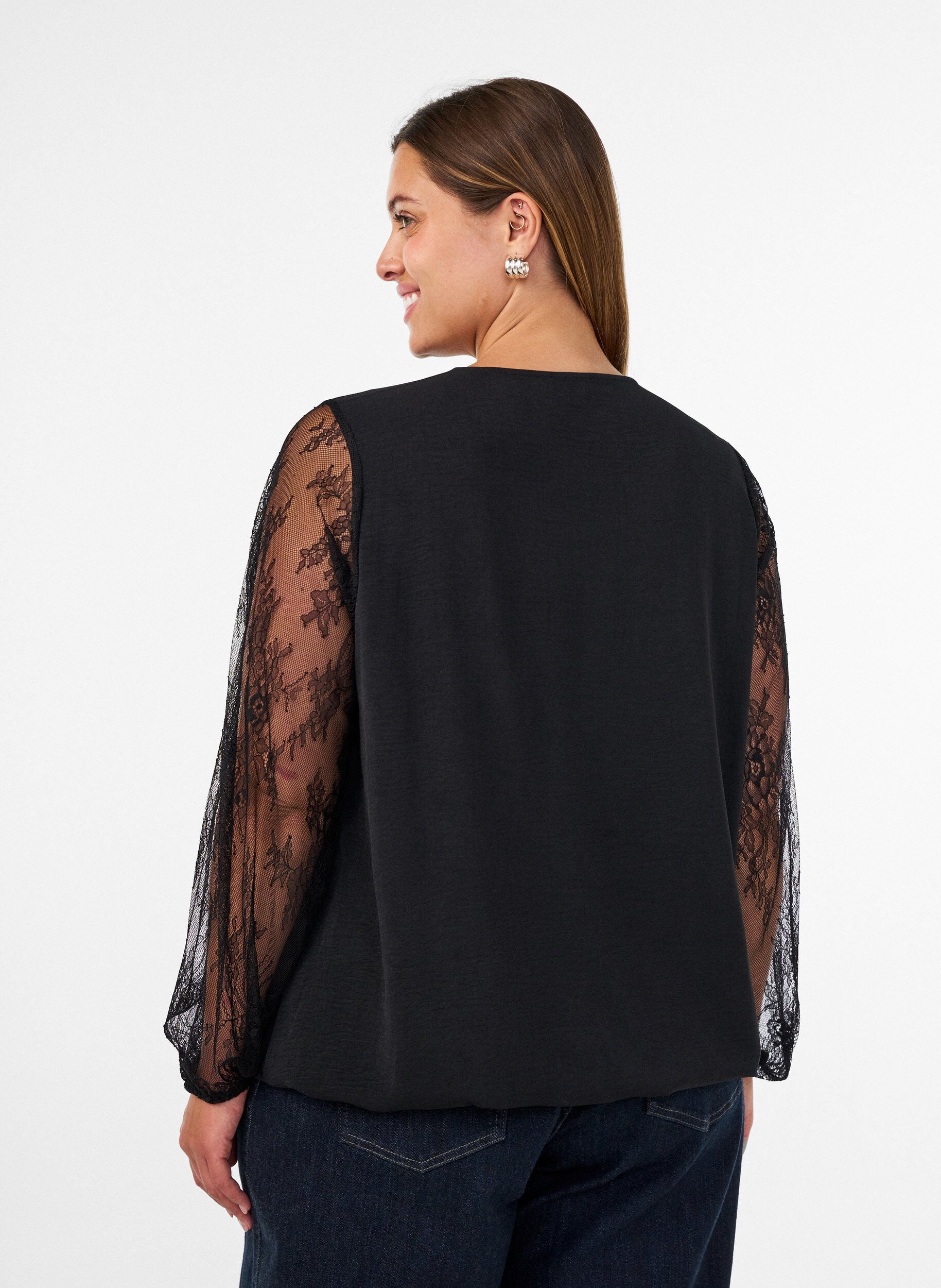 ZizziBluse med blonde&aelig;rmer og ballonform, Sort, Model image number 2