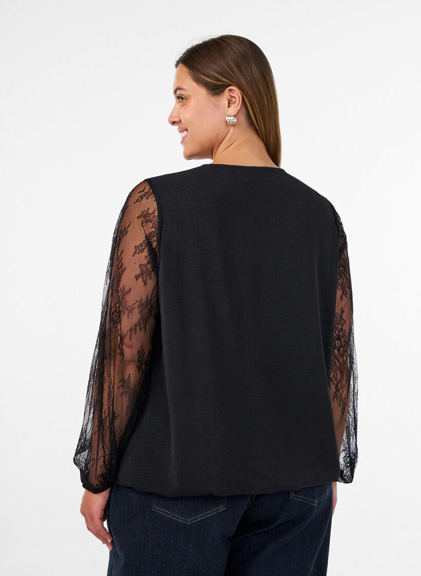Bluse med blonde&aelig;rmer og ballonform, Sort, Model image number 2