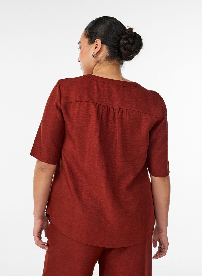Skjortebluse med v-hals og korte &aelig;rmer, R&oslash;d, Model image number 2