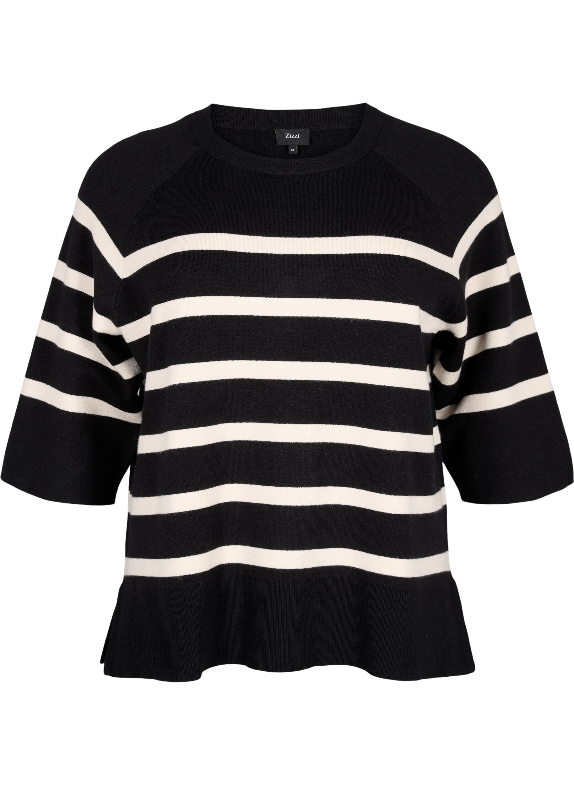 Zizzi 3/4 &aelig;rmet strikbluse med striber, Black Birch Stripes, Packshot image number 0