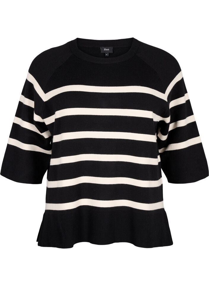 3/4 ærmet strikbluse med striber, Black Birch Stripes, Packshot image number 0