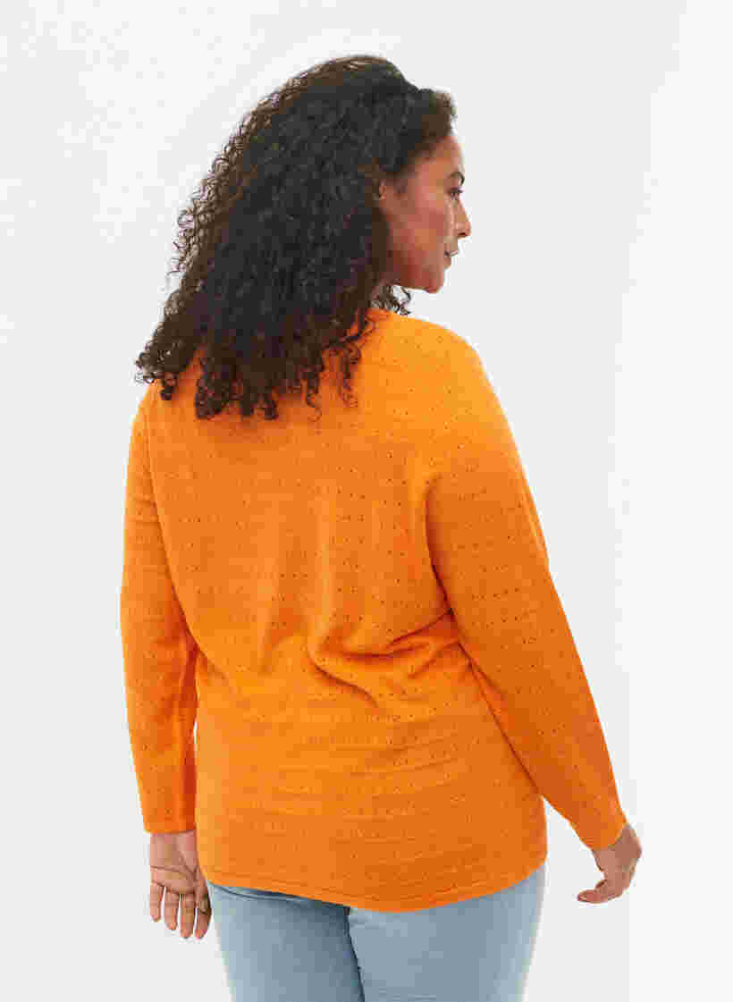 Strukturmønstret strikbluse med rund hals, Vibrant Orange, Model image number 1