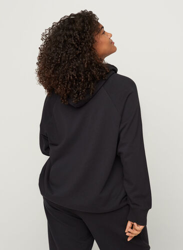 Bomulds sweatshirt med hætte og lomme, Black, Model image number 1