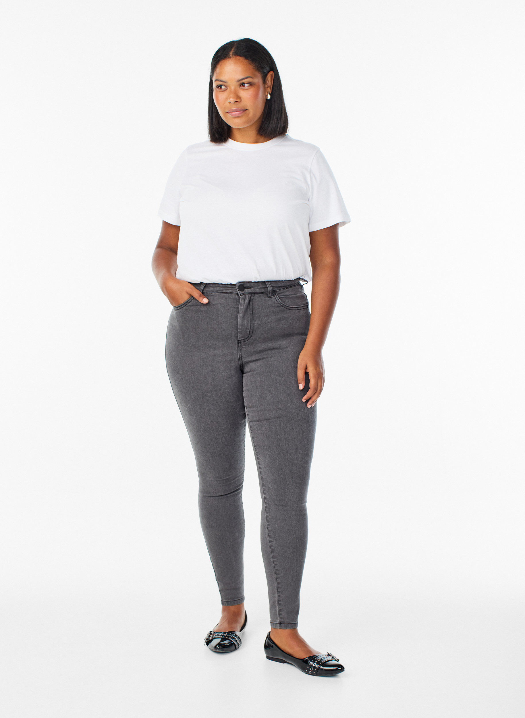 Amy jeans med h&oslash;j talje og super slim fit, Gr&aring;, Model