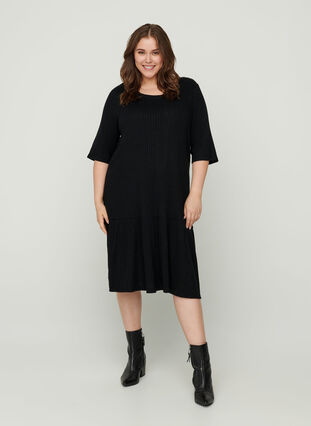 Rib kjole med 2/4 ærmer, Black, Model image number 2