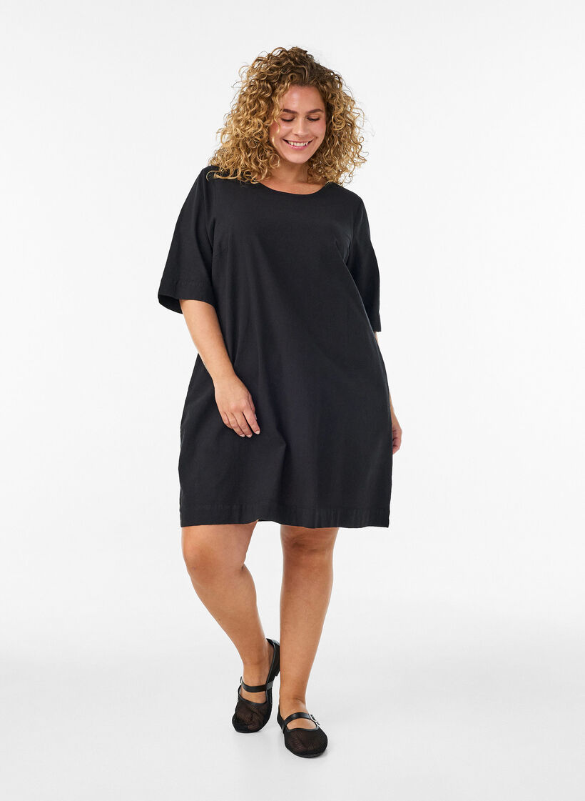Bomuldskjole med korte &aelig;rmer og lommer, Sort, Model image number 1