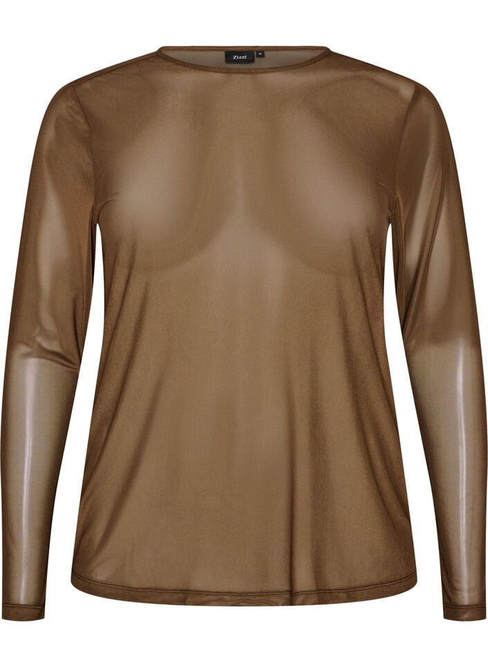 Meshbluse med lange &aelig;rmer, Brun, Packshot image number 0