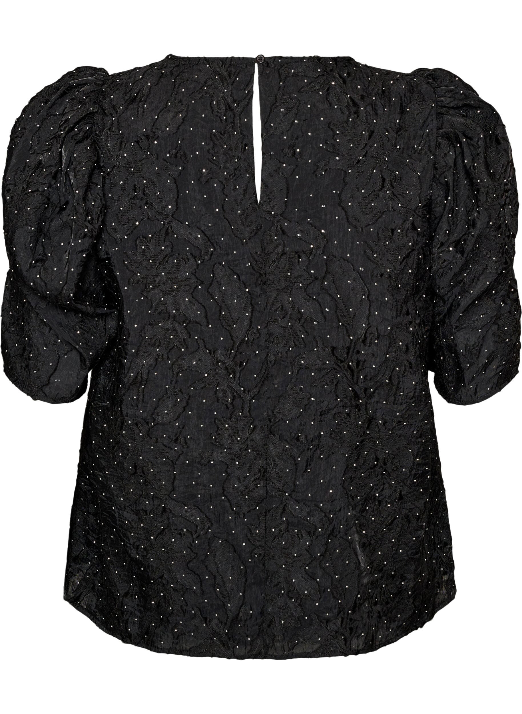 ZizziJacquardbluse med glimtende detaljer og puf&aelig;rmer, Sort, Packshot image number 1