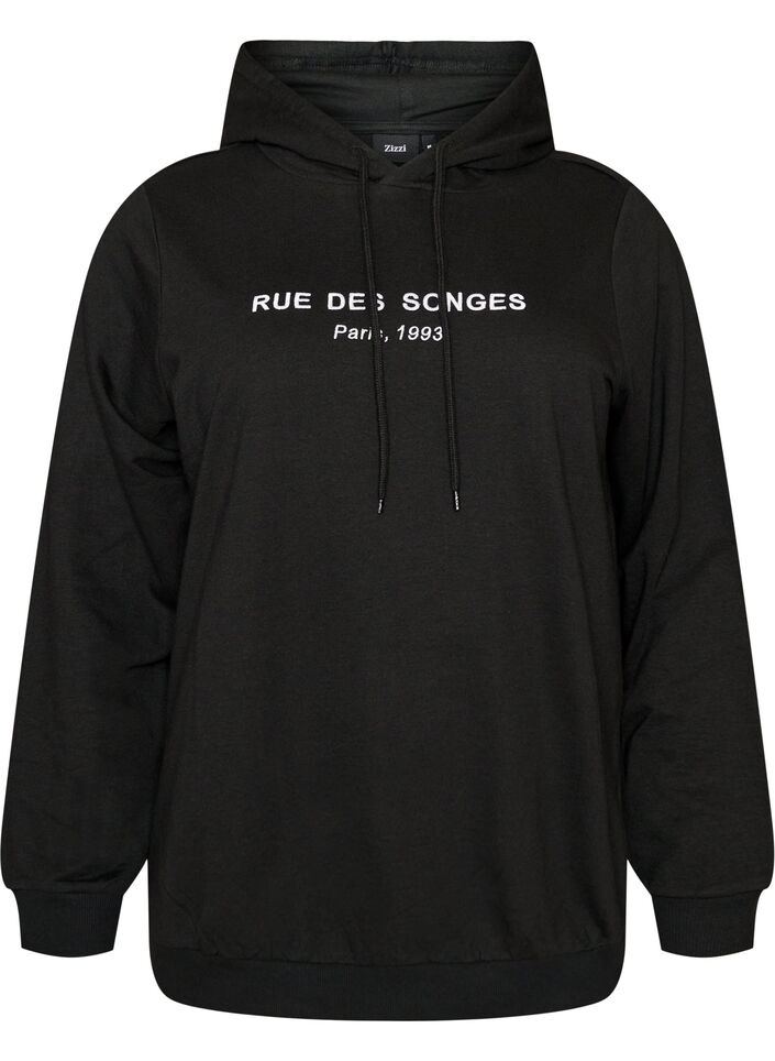Sweatshirt med h&aelig;tte og print, Sort, Packshot image number 0