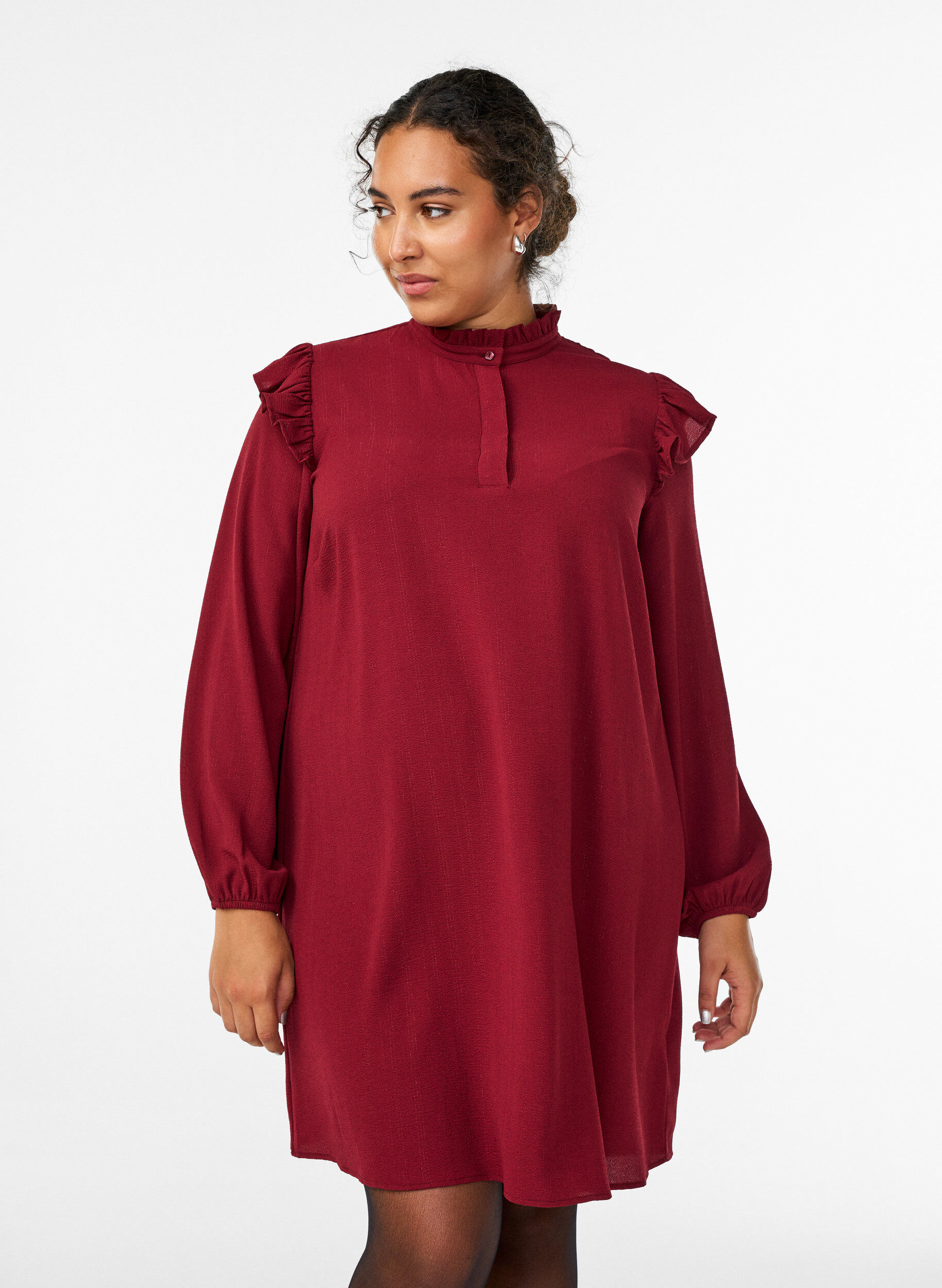 Kort kjole med fl&aelig;ser og glimmer, M&oslash;rk Bordeaux, Model
