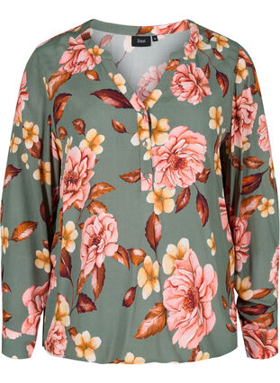 Langærmet viskose bluse med blomsterprint, Flower AOP, Packshot image number 0