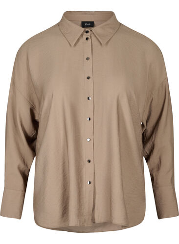Ensfarvet viskose skjorte med lange ærmer, Timber Wolf, Packshot image number 0