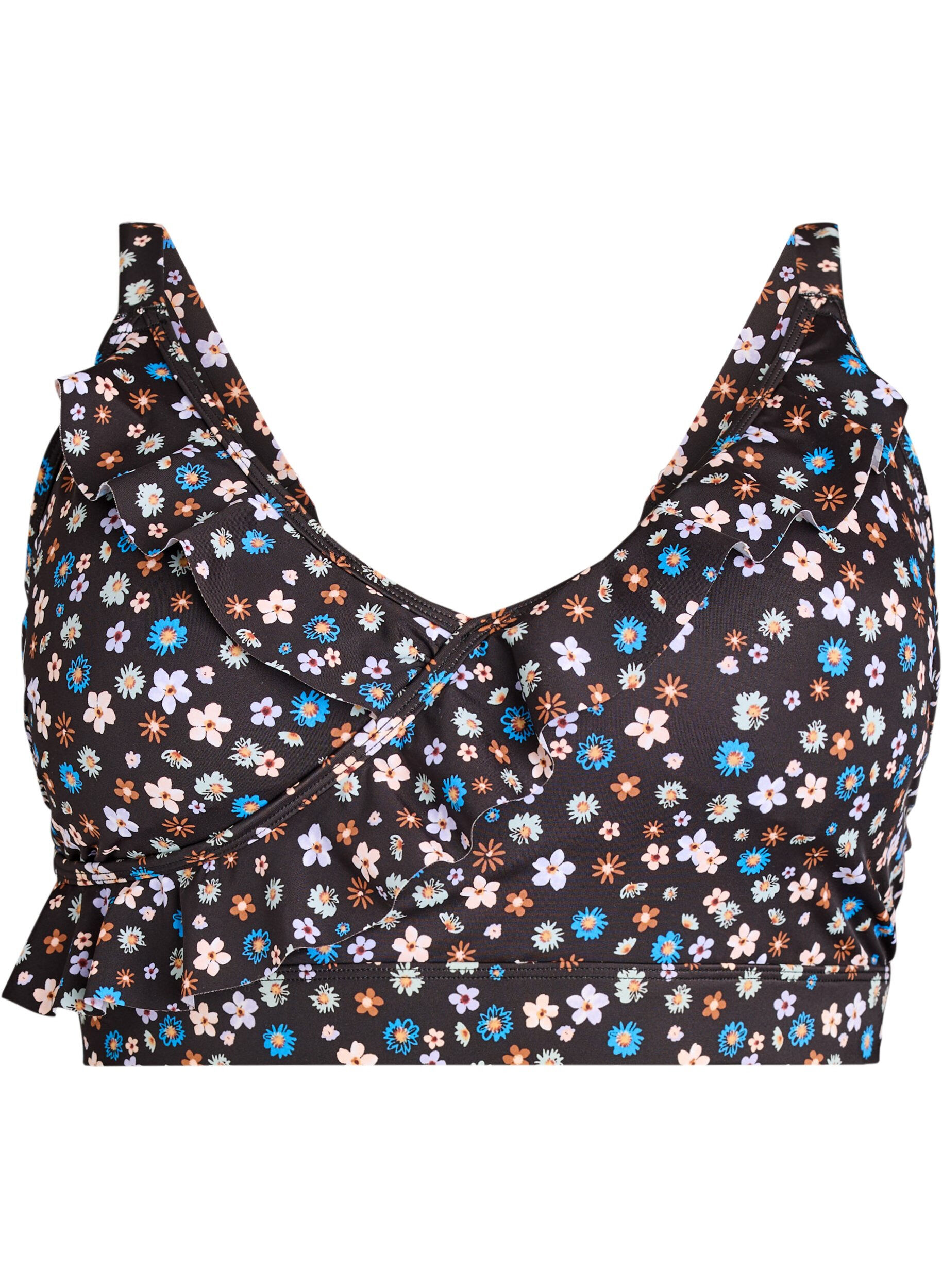 Zizzi Blomstret bikini bh med fl&aelig;sedetaljer, Brun, Packshot image number 0