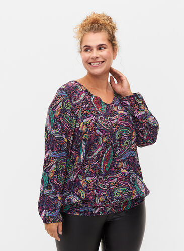 Viskose bluse med smock og paisleyprint, Multi Paisley, Model image number 0