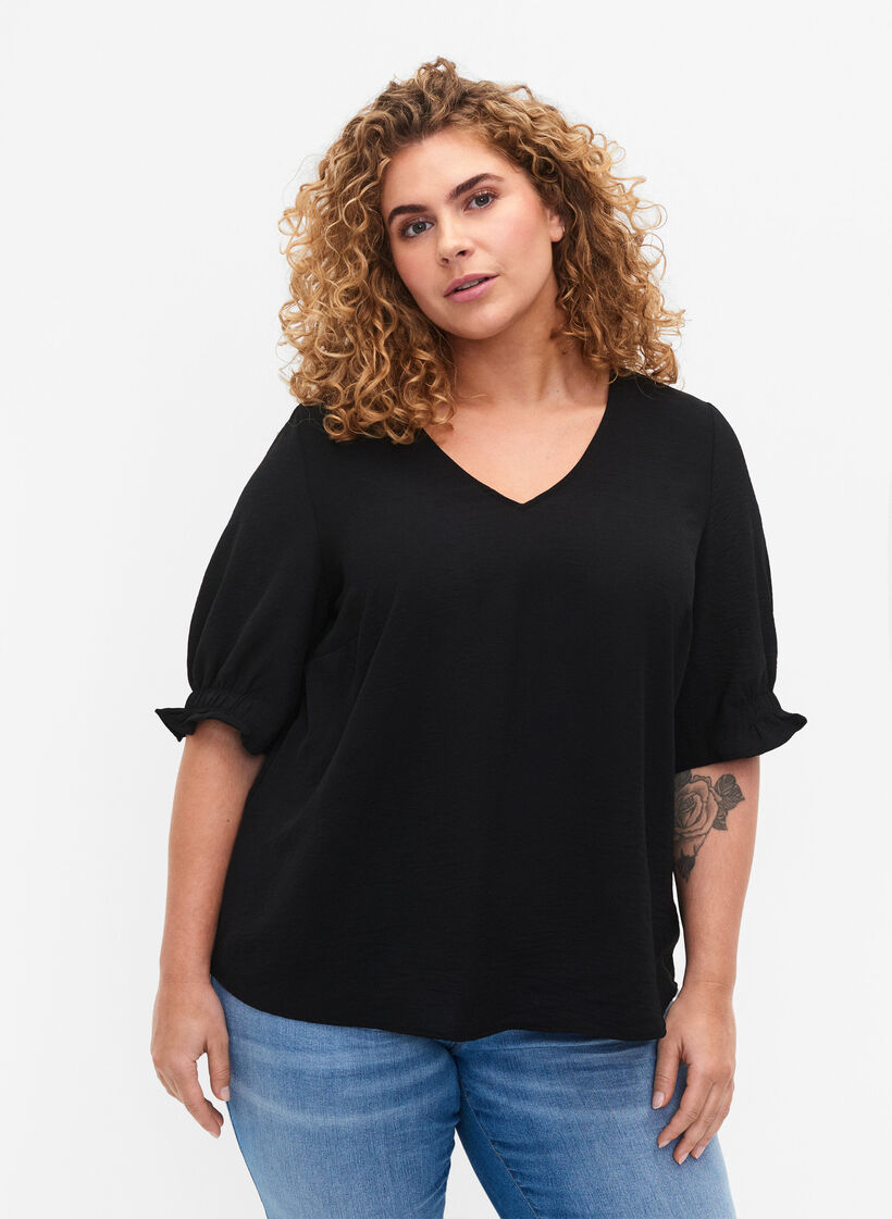 Bluse med v-udskæring , Black, Model image number 0