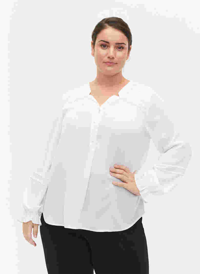 Bluse med lange ærmer og knaplukning, Bright White, Model image number 0