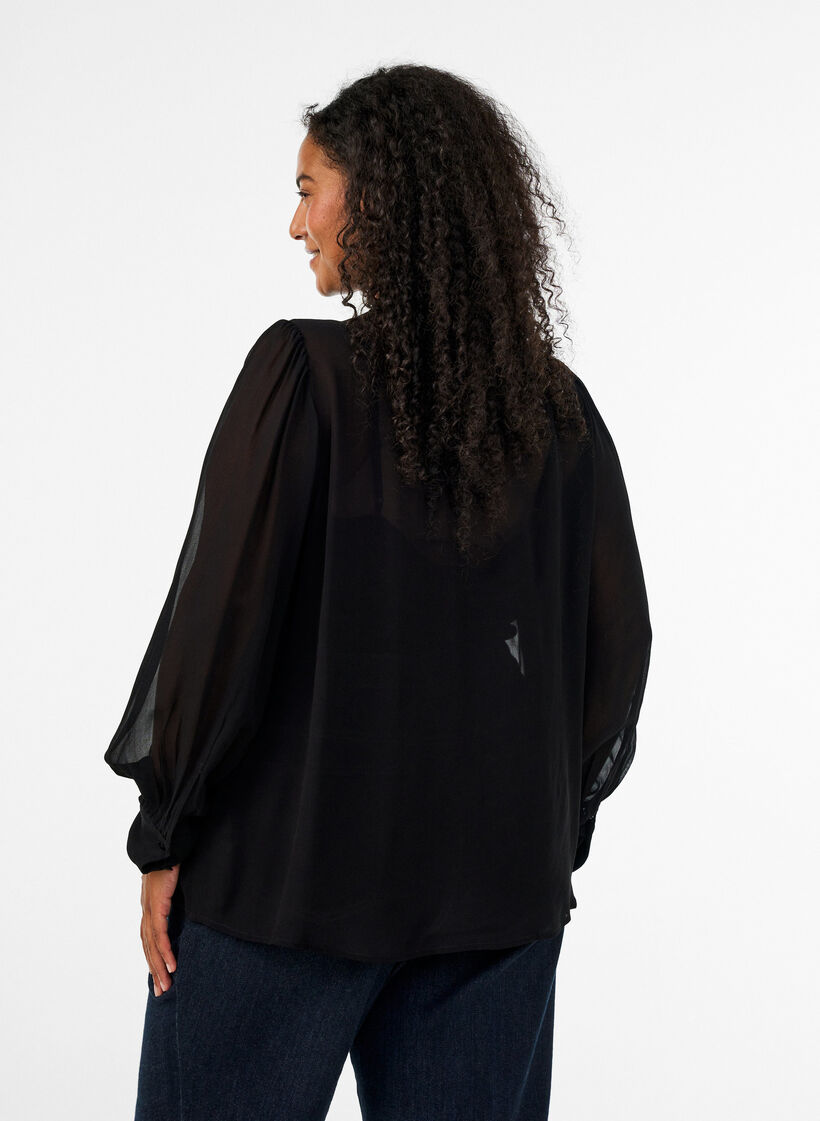 Skjortebluse i viskose med fl&aelig;sekrave, Sort, Model image number 2